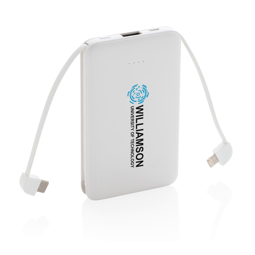 5.000 mAh zakformaat powerbank met geïntegreerde kabels