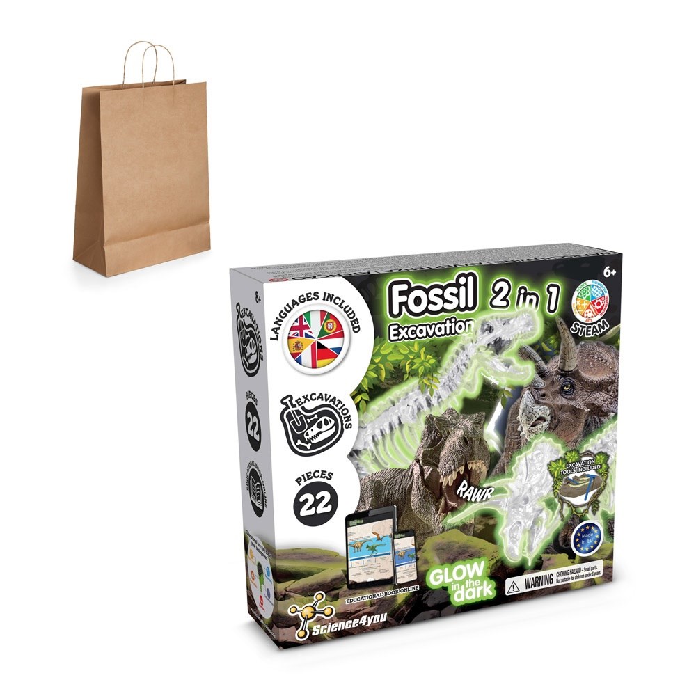 2 in 1 Fossil Excavation Kit III. Educatief spel geleverd met een kraftpapier cadeauzakje (115 g/m²)