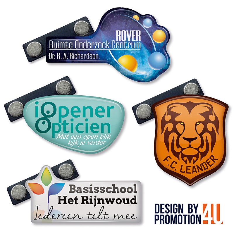 Naambadge in eigen vorm custommade met dominglabel met magneet- of speldsluiting