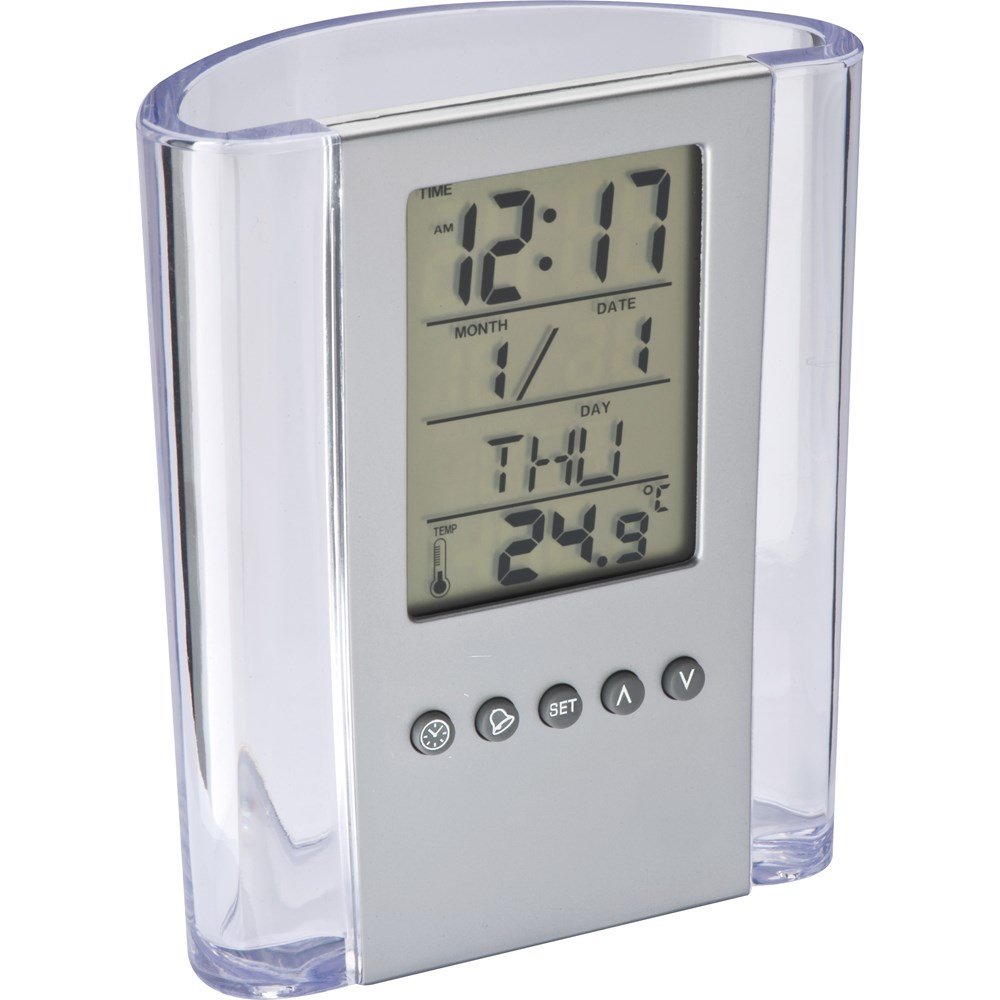 Acryl pennenhouder met klok, datum, dagaanduiding en thermometer